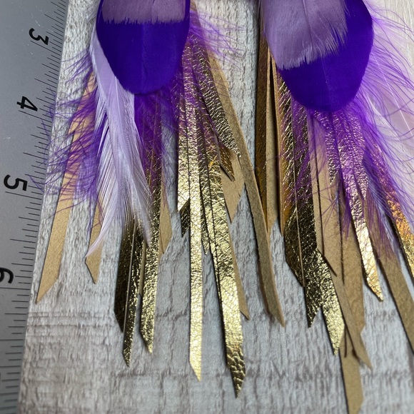Gold Foiled Genuine Leather Fringe Purple Feather Earrings - Picture 11 of 15